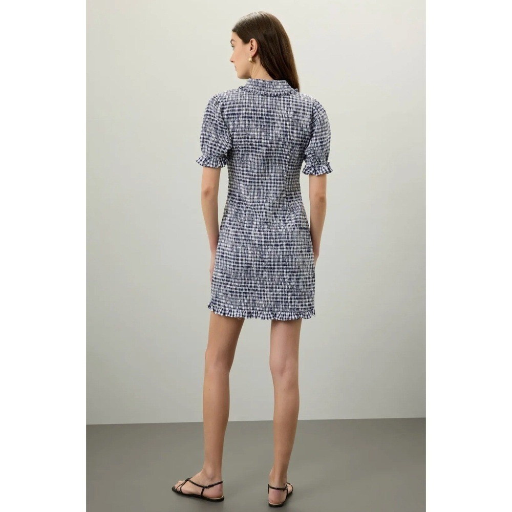 B35 Jason Wu Smocked Gingham Mini Dress 4 Navy White Collar Cotton Dinner Party - Picture 2 of 11